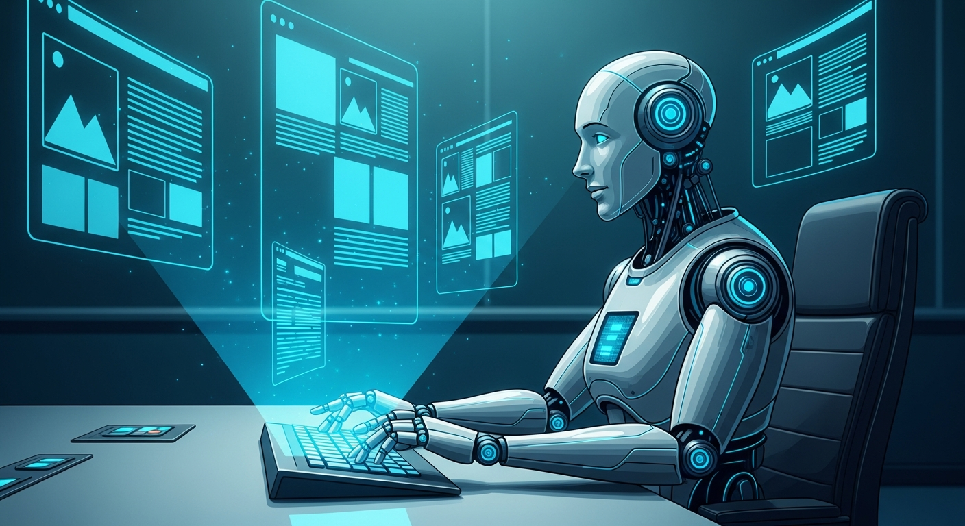 רובוט עיתונאי AI בחדר עריכה מודרני, סוקר טיוטות תוכן וורדפרס